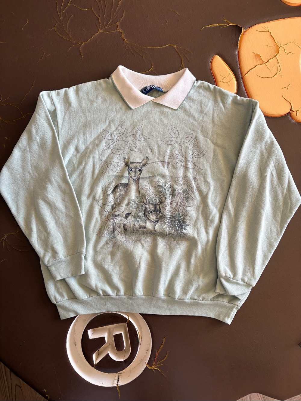 Deer Graphic Polo-Collar Sweater - Light Sage